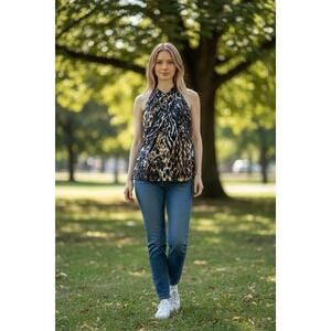 Trina Turk Mixed Animal Print Halter Top Crossover Neck Brown Silk M